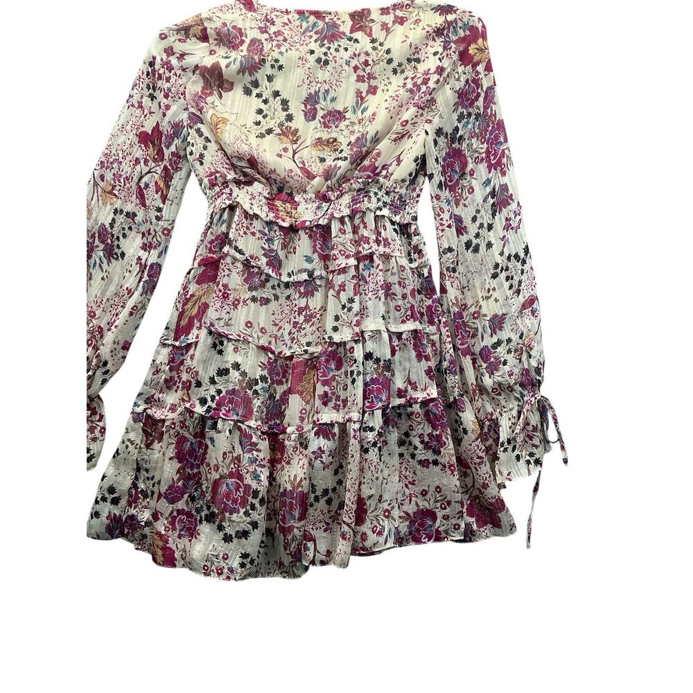 Free People Boho Floral Tiered Mini Dress Smocked Long Sleeve Ruffle V Neck XS - Picture 4 of 15